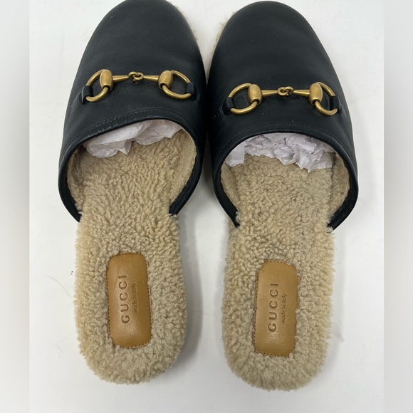 Gucci Shearling Fria Leather Horse Bit Black Mule size 39.5 EU Slipper Slip On - Picture 3 of 5
